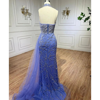 Arabic Blue Mermaid Sleeveless Sexy High Split Beaded Evening Dress - Women's Wedding Party Gown 2024