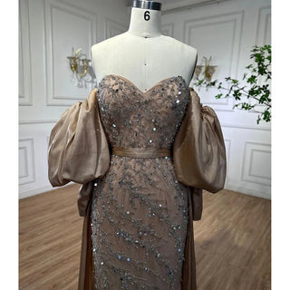 Ships in 1 to 3 Days - Arabic Olive Satin Mermaid Strapless Puff Sleeves Beaded Evening Dress - Gown for Women's Wedding Party 2024