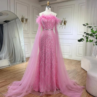 Elegant Cape Sleeves Mermaid Evening Dresses Gowns Luxury Feathers Beaded 2024 For Women Wedding Party