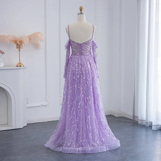 Luxurious Dubai: Beaded Lilac Evening Dress for Women - Ideal for Elegant Sage Green Long Sleeve Formal Gowns at Wedding Parties