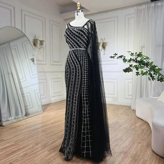 Arabic Dubai Black Long Cloak Mermaid Beaded Luxury Evening Dress - Gown for Women's Wedding Party 2024