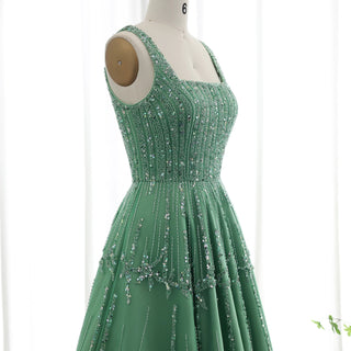 Luxury Beaded Dubai Green Evening Gown with Spaghetti Straps - Arabic Wedding Party Dress