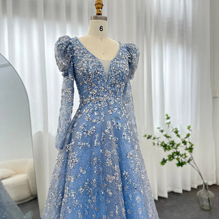 Luxurious Dubai-inspired Evening Dress: Elegant Long Sleeve Yellow and Blue Gown