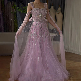 Ships in 1 to 3 Days - 2024 Dream Pink A-Line Evening Dress - Beaded Design Gown with Cape Sleeves for Formal Occasions