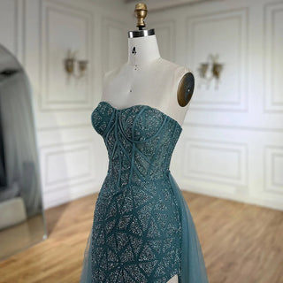 Ships in 1 to 3 Days - Arabic Turquoise Strapless High-Split Mermaid Beaded Luxury Evening Gown for Women Wedding Party 2024