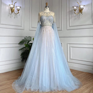 Blue A-Line Evening Dress 2024 with Arabic Cape Sleeves, O-Neck, Bow, and Beaded Luxury - Ideal for Women's Party