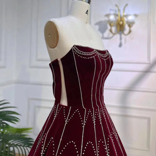 Luxury Dubai: Arabic Burgundy Velvet Ball Gown Evening Dress 2024 with Crystal Details - Perfect for Women's Formal Wedding Parties