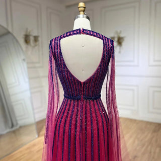 2024 Arabic Fuchsia Cape Sleeves A-Line Beaded Evening Dresses Long Celebrity Gowns for Woman Wedding Party