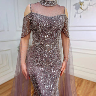 Elegant Arabic Purple Mermaid Evening Dress with Cape Sleeves - Beaded Luxury Gown for Women's Wedding Party 2024