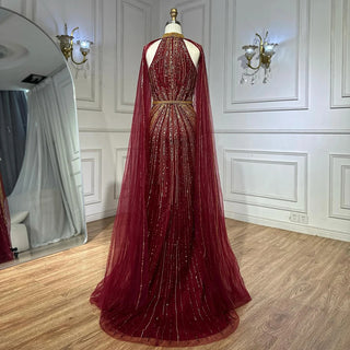 Wine Red Beaded Mermaid Saudi Evening Dress with Cape for Formal Occasion