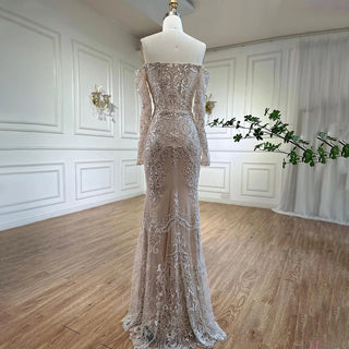 Sophisticated Arabic White Nude Mermaid Evening Dress - Elegant Off-The-Shoulder Gown with Luxury Sequins for 2024 Party