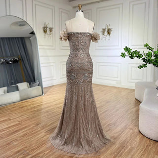 Ships in 1 to 3 Days - Arabic Purple Strap High-Split Mermaid Beaded Evening Gown for Women Wedding Party 2024