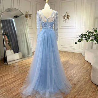 Blue Mermaid Elegant Evening Dress with Train - Beaded Luxury Arabic Gown for Women's Wedding Party 2024