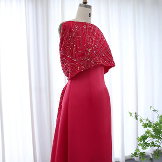 Elegant Off-Shoulder Fuchsia Arabic Evening Dress with Cape for Women Wedding Party Dubai Formal Prom Gowns