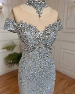 Luxurious Silver Mermaid Evening Dress - Pearls and Beaded Elegance for Women's Wedding Party