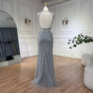 Ships in 1 to 3 Days - 2024 Luxury Dubai Gray Arabic Mermaid Beaded Evening Gown with Detachable Long Cape for Women's Party