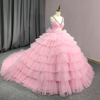 Tiered Pink Tulle Ball Gown - V-Neck Pleated Evening Dress with Crystal Beadings