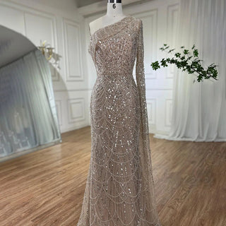 Elegant Nude Mermaid One-Shoulder Pearls Beaded Luxury Evening Dress - Wedding Party Gown for Women 2024