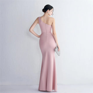 Sexy One-Shoulder Soft Satin Pleated Dress with Beading - Long Evening Party Maxi Dress with Slit for Women