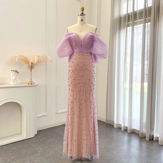 Golden Horizon: 2024 Dubai-Inspired Lilac Evening Gown - Elegant Off-Shoulder Design for Formal Events & Weddings