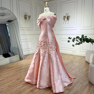 Ships in 1 to 3 Days - Luxury Dubai Peach Satin Mermaid Evening Gown 2024 - Elegant Appliqués for Women's Wedding Party