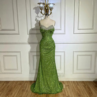 Luxury Sage Green One-Shoulder Beaded Crystal Mermaid Evening Gown - Dubai Style for Women Party 2024