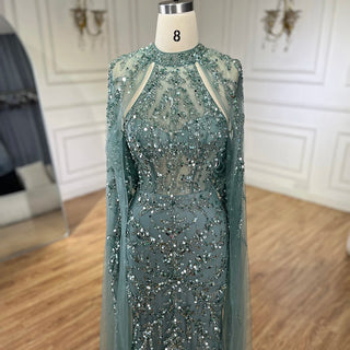 2024 Arabic Turquoise Cap Sleeve Mermaid Beaded Luxury Dubai Evening Dress Gown for Women Wedding Party