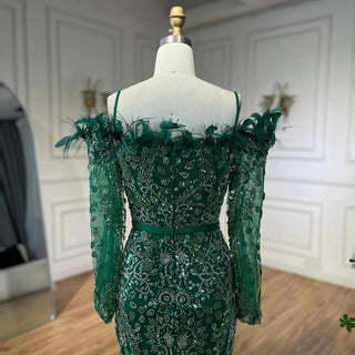 Luxury Dubai Green Boat Neck Mermaid Elegant Feathers Beaded Evening Dresses Gowns For Woman Wedding Party