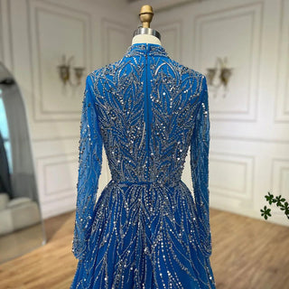 Ships in 1 to 3 Days - Muslim Elegant Blue A-Line Beaded Luxury Dubai Evening Dresses Gowns For Women Wedding Party 2024