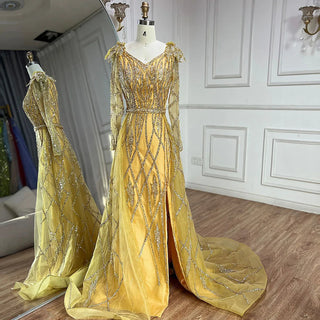 Ships in 1 to 3 Days - 2024 Muslim Gold Mermaid Evening Gown - Luxury Beaded Dress with Overskirt for Dubai Parties