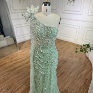 Ships in 1 to 3 Days - Sage Green One-Shoulder Mermaid Evening Gown - Luxurious Dubai Arabic Design with Pearls