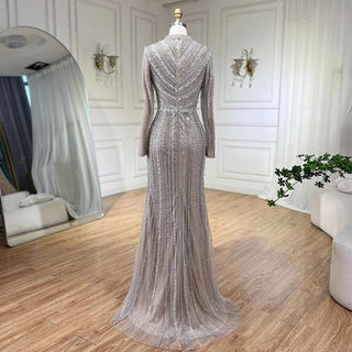 Silver Nude Mermaid Elegant High Split Evening Dresses Gowns Luxury Beaded 2024 For Women Party