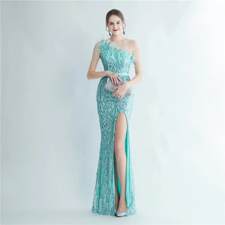 Elegant Slash Neck Feather Sequin Evening Dress for Women Beading Long Party Maxi Dress