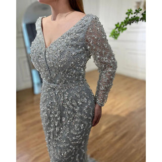 Green Mermaid Elegant Pearls Long Sleeves Evening Dress: 2024 Luxury Beaded Gown for Women's Wedding Party