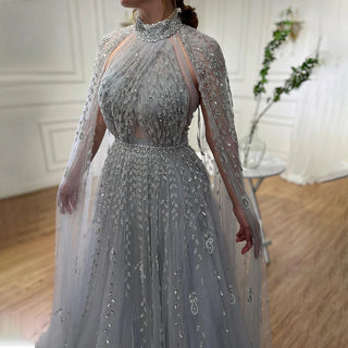 Dubai Arabic Luxury Nude A-Line Beaded Evening Dress with Cape Sleeves - Elegant Gown for Women Wedding Party 2024