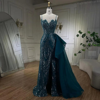 2024 Sky Blue Spaghetti Strap Luxury Evening Dress: Mermaid Beaded Elegant Overskirt for Women's Party