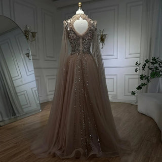 2024 Arabic Nude A-Line Elegant Evening Dress with Cape Sleeves - Beaded Luxury Gown for Women's Wedding Party