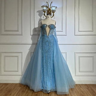 Blue Mermaid Evening Gown with Gloves and Detachable Overskirt – 2025 Custom Arabia Design