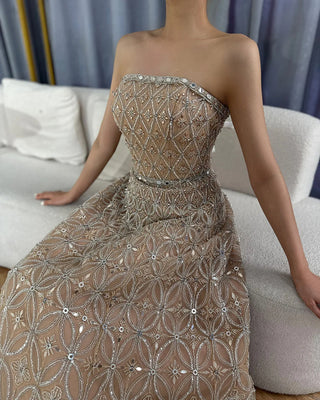 Ships in 2 to 5 Days - 2025 Arabic Gray A-Line Strapless Evening Gown with Beaded Detailing - Elegant Long Dress for Formal Occasions