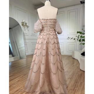 Arabic Pink A-Line Strapless Evening Gown: Beaded Long Dress for Women's Wedding Party 2024