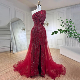 Ships in 1 to 3 Days - Fuchsia Radiance: 2024 Luxury Strapless Evening Dress with High Split, Beaded Elegance, and Dubai Glamour