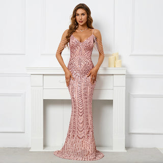 Sexy V-Neck Pink Sequin Party Maxi Dress with Straps and Beading - Long Prom Evening Dress for Women