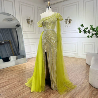 Arabic Blue One-Shoulder Yellow High-Split Mermaid Beaded Evening Gown for Women Wedding Party 2024