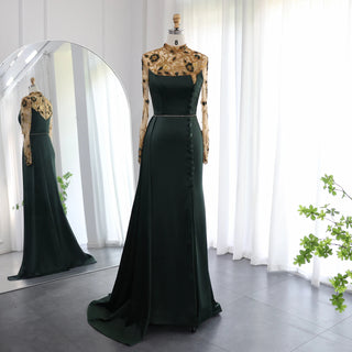 Opulent Olive: Luxury Dubai Mermaid Evening Dress with Long Sleeves for Elegant Weddings