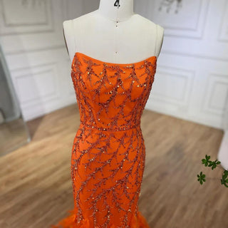 Sunkissed Glamour: Orange Spaghetti Strap Mermaid Evening Gown - Luxury Feather and Bead Detail for Women's Wedding Party