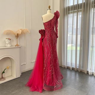 Vibrant Vision: Dubai-Inspired 2024 Fuchsia One-Shoulder Evening Gown with Side Slit - A Luxurious Mermaid Prom and Wedding Attire.