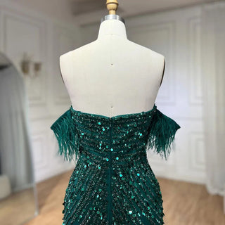 Ships in 1 to 3 Days - Green Mermaid High Split Spaghetti Strap Evening Dress: 2024 Feather Beaded Gown for Women's Party