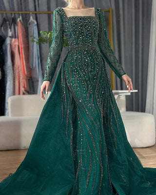 Luxurious Green Beaded Mermaid Evening Gown with Overskirt