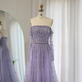 Luxury Dubai Nude Evening Dress 2024 Elegant Off Shoulder Long Sleeves Arabic Lilac Women's Wedding Party Gowns