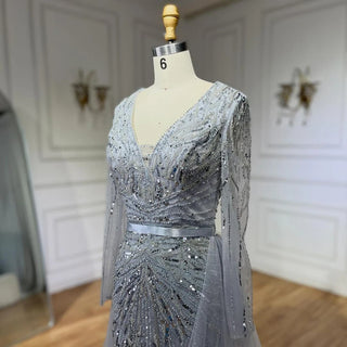 2024 Dubai Gray Long Sleeves Mermaid Beaded Arabic Luxury Evening Dress: Gowns for Women's Wedding Party